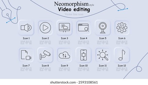 Video editing set icon. Sound, play button, video editing, search, webcam, coding, video recording, security camera, cloud storage, smartphone puzzle, zoom, music note.