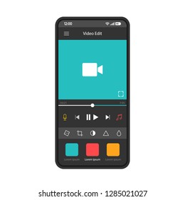 Video editing smartphone app interface vector template. Mobile camera application interface blue design layout. Video editor, maker software screen. Flat UI. Phone display with media player