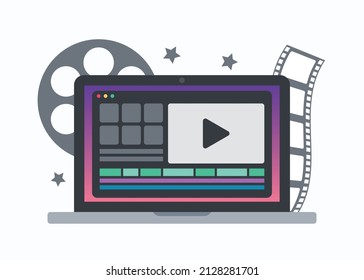 Video editing software concept. Film making on laptop display. Animator, content creator. Flat vector illustration.