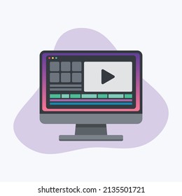 Video editing software concept. Film making on computer display. Animator, content creator. Flat vector illustration.
