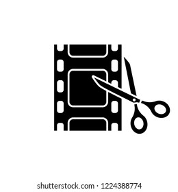 Video editing software glyph icon. Film making. Video cutting. Filmstrip with scissors. Silhouette symbol. Negative space. Vector isolated illustration