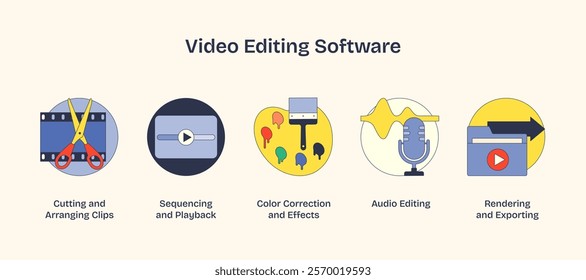 Video editing software icons feature scissors, a play button, and a microphone, symbolizing editing, playback, and audio. Neubrutalism style