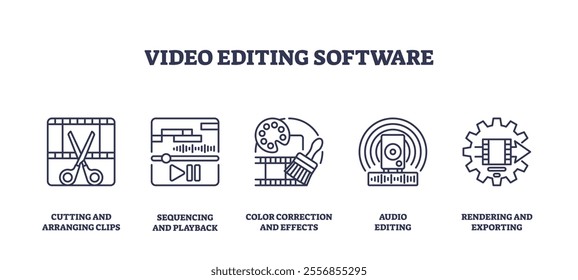 Video editing software icons include scissors, timeline, and gear, symbolizing editing, sequencing, and exporting. Outline icons set.