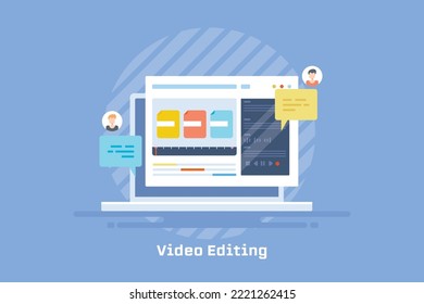 Video editing software, inviting team member to edit video file, collaboration software - flat design vector illustration background