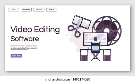 Video editing software landing page vector template. Post production website interface idea with flat illustrations. TV engineering homepage layout. Web banner, webpage cartoon concept 