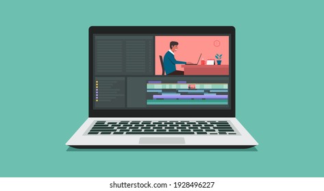 Video editing software with laptop computer. Workplace for freelancer video editor, vlogger or movie making, flat vector illustration