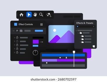 Video editing software mini interface with effect controls. Colorful panels and timeline illustrate creative process. Concept of digital production and multimedia design