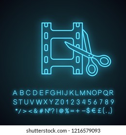 Video editing software neon light icon. Film making. Video cutting. Filmstrip with scissors. Glowing sign with alphabet, numbers and symbols. Vector isolated illustration