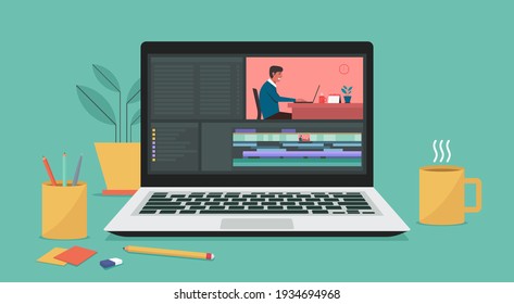 Video editing software on laptop computer. Workplace for freelancer and editor, vlogger or movie making, flat vector illustration	
