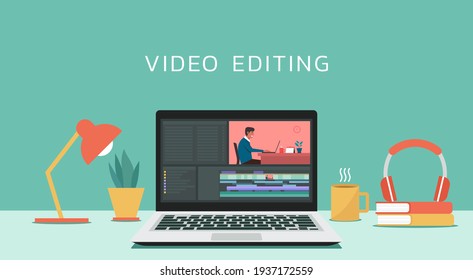 Video editing software on laptop computer concept. Workplace for freelancer and editor, vlogger or movie making, flat design vector illustration