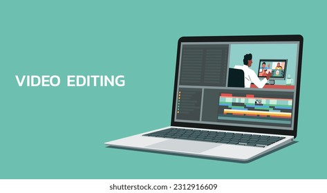 video editing software on laptop computer, workplace for freelancer video editor, vlogger or movie making, flat vector illustration