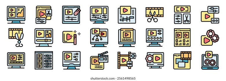 Video editing software and video post production icon set including cutting, editing, color correction, adding audio, and special effects