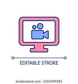 Video editing software RGB color icon. Watching online courses. Video lessons on computer. Producing content. Isolated vector illustration. Simple filled line drawing. Editable stroke. Arial font used