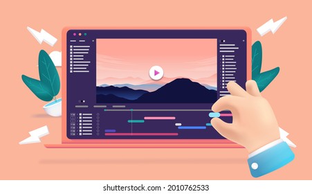 Video editing software - vector illustration of person hand working on computer with film edit. professional videographer concept