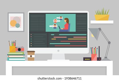 Video editing software. Workplace for freelancer and editor, movie making, vector illustration