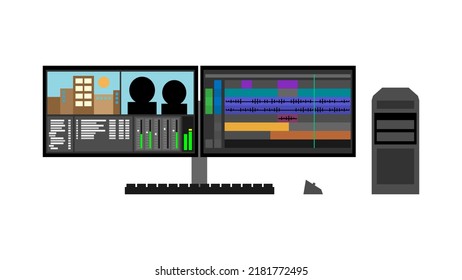 Video Editing Studio With Two Screens On Dual-monitor Arm. Powerful Computer With Keyboard And Mouse.. Software With Preview Windows, Timeline, Bins, Audio Mixer And Waveforms. Vector Illustration.