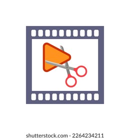 Video editing. Triangular video playback symbol with scissors and strip of movie frame. Vector illustration.