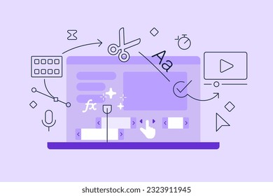 Video editing vector illustration with linear icons. Video production  montage concept in Line Art style.