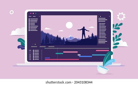 Video editing vector illustration - Software for editing videos with timeline and user interface on laptop computer. Vector illustration