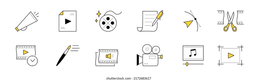 Video edition doodle icons vector set. Film, scissors, paint brush and camcorder. Sliders, loudspeaker, play button and reel. Pen with paper contract, arrow, music app and monitor