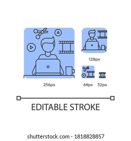Video editor blue linear icons set. Multimedia content creating, movie editing. Cut reel. Thin line customizable 256, 128, 64 and 32 px vector illustrations. Contour symbols. Editable stroke