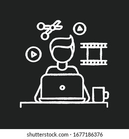 Video editor chalk white icon on black background. Multimedia content creating, movie editing. Audio and video production, media files designing. Isolated vector chalkboard illustration