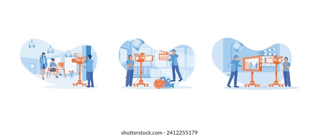 Video Editor concept. Cameraman filming in the studio. Film Production. set flat vector illustration.