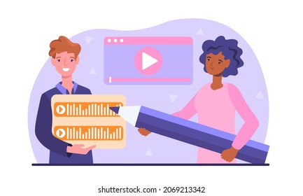 Video editor concept. Creative team of editors creates high quality video content for social networks and television. Man and woman work in multimedia programs. Cartoon flat vector illustration