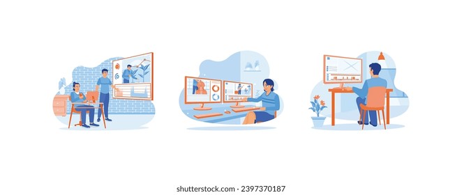 Video Editor concept. Documentary video color correction. Processing film montages. I was editing videos in the studio. set trend modern vector flat illustration