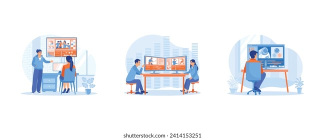 Video Editor concept. Edit videos with documentary video color correction. Creative people work in digital multimedia companies. Editing astronaut videos using software. Flat vector illustration.