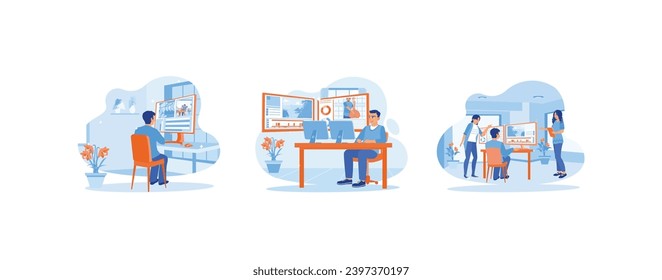 Video Editor concept. Male video editor working in the office. Expert videographers improve video quality. Colleagues discussing video projects. set trend modern vector flat illustration