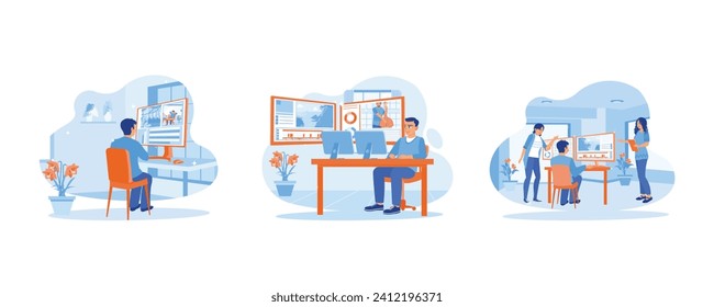 Video Editor concept. Male video editor working in the office. Expert videographers improve video quality. Colleagues discussing video projects. Set Flat vector illustration.