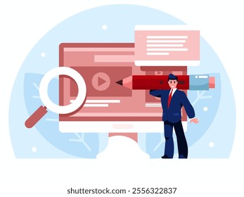 Video editor concept. Man stands with a huge pencil. Business reporting. Accounting. Background with internet player. Podcast, streaming service, video hosting. Vector graphics