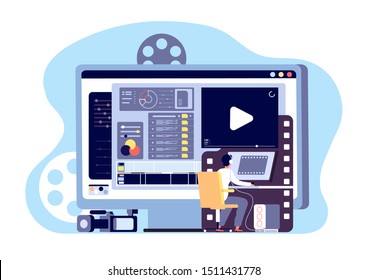 Conceito de editor de vídeo. Produção de conteúdo multimídia e edição de imagens. Fazendo filmagem de página da web, design de vetor de produção de filmes de estúdio