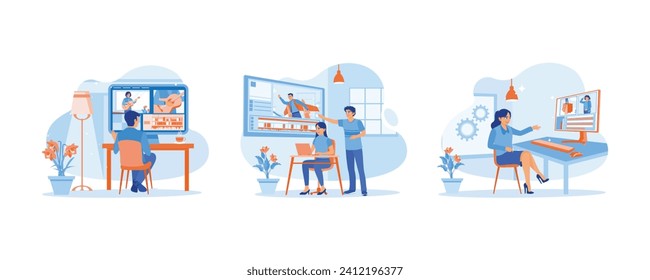Video Editor concept. They are working on post-production of a film. Give each other input for video editing. The video editor checks the results. Set Flat vector illustration.