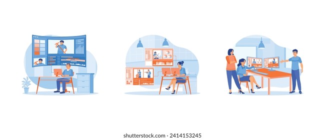 Video Editor concept. Video editor working in a relaxed office, editing a musician's recording, and working together on a film recording project in the office. Flat vector illustration.