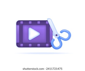 editor de video y copiadora de video. ajuste o recorte de fotogramas de vídeo. símbolo de cinta de película con tijeras. software, aplicaciones o servicios. símbolo o icono. Diseño de ilustración 3D y minimalista