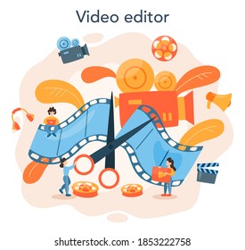 Video-Editor oder Designer. Künstler erstellen Computeranimation für Multimedia-Projekte. Digitale Technologie für Website und Werbung. Animationseditor, Cartoon-Produktion. Vektorgrafik