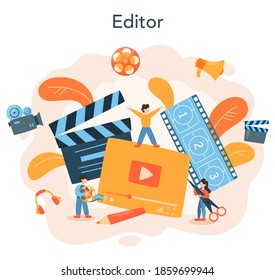 Video editor or designer. Artist create computer animation for multimedia project. Digital technology for website and advertising. Animation editor, cartoon production. Vector illustration