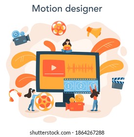 Video editor or designer. Artist create computer animation for multimedia project. Digital technology for website and advertising. Animation editor, cartoon production. Vector illustration