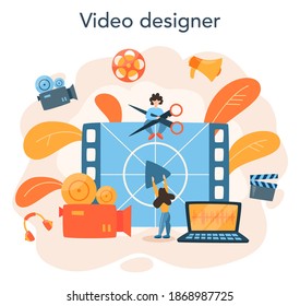 Editor de video o diseñador. Los artistas crean animación por computadora para proyectos multimedia. Tecnología digital para sitios web y publicidad. Editor de animación, producción de caricaturas. Ilustración del vector