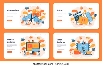 Video Editor Or Designer Web Banner Or Landing Page Set. Artist Create Computer Animation For Multimedia Project. Digital Technology. Vector Illustration