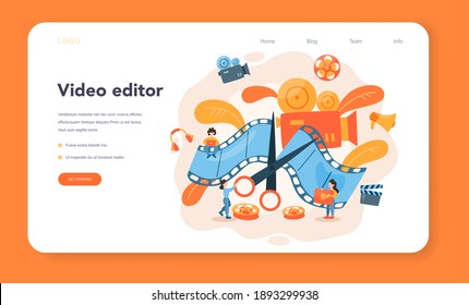 Video editor or designer web banner or landing page. Artist create computer animation for multimedia project. Digital technology. Vector illustration