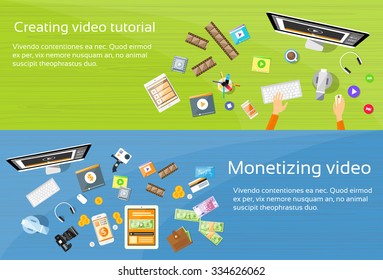 Video Editor Desk Workplace Web Banner Set Flat Vector Illustration
