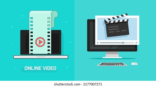 Video editor and film production concept icon vector on computer, movie montage studio maker, digital multimedia creating illustration with clapper board and filmstrip illustration