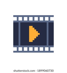 Video editor. Gallery of films. Clapperboard pixel art flat icon. Movie, cinema logo. Design for websites and mobile apps. 8-bit. Isolated vector illustration.