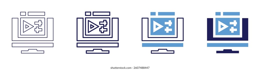 Video editor icon in 4 different styles. Thin Line, Line, Bold Line, Duotone. Duotone style. Editable stroke.