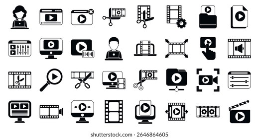  Video editor icons set. Comprehensive set of video editing and film production icons, covering various aspects of the process from pre production to post production