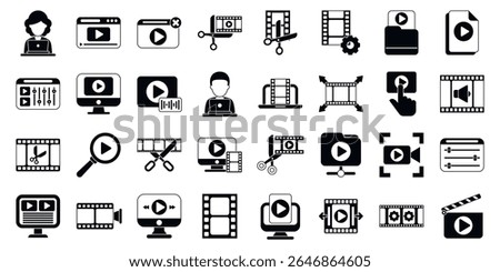  Video editor icons set. Comprehensive set of video editing and film production icons, covering various aspects of the process from pre production to post production