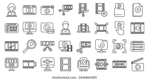  Video editor icons set. Set of video editing icons representing post production, movie making, and filmmaking processes